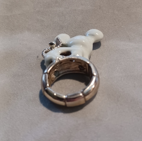 NWOT White Pink Ceramic Golden Rhinestone Mouse Heart Stretchy Fashion Ring - Picture 7 of 11